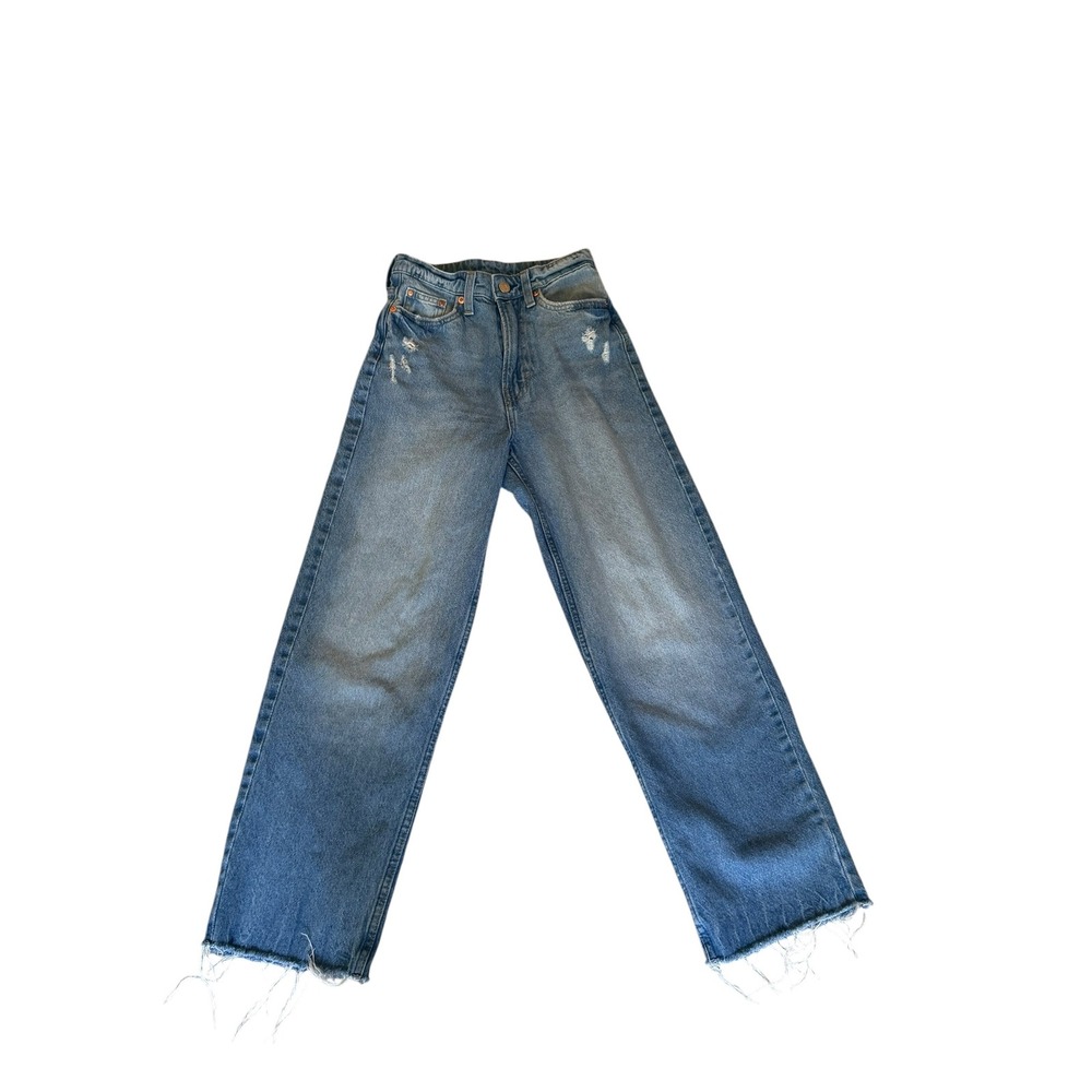 HM &Denim Womens Loose Straight High Waist Ankle Jeans Light Wash Distressed 0
